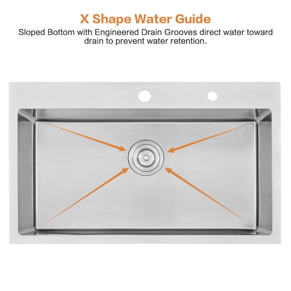33 Inch Drop In Kitchen Sink Stainless Steel-Bokaiya 33X22 Single Bowl Drop In Kitchen Sink 16 Gauge Deep Stainless Steel Deep K