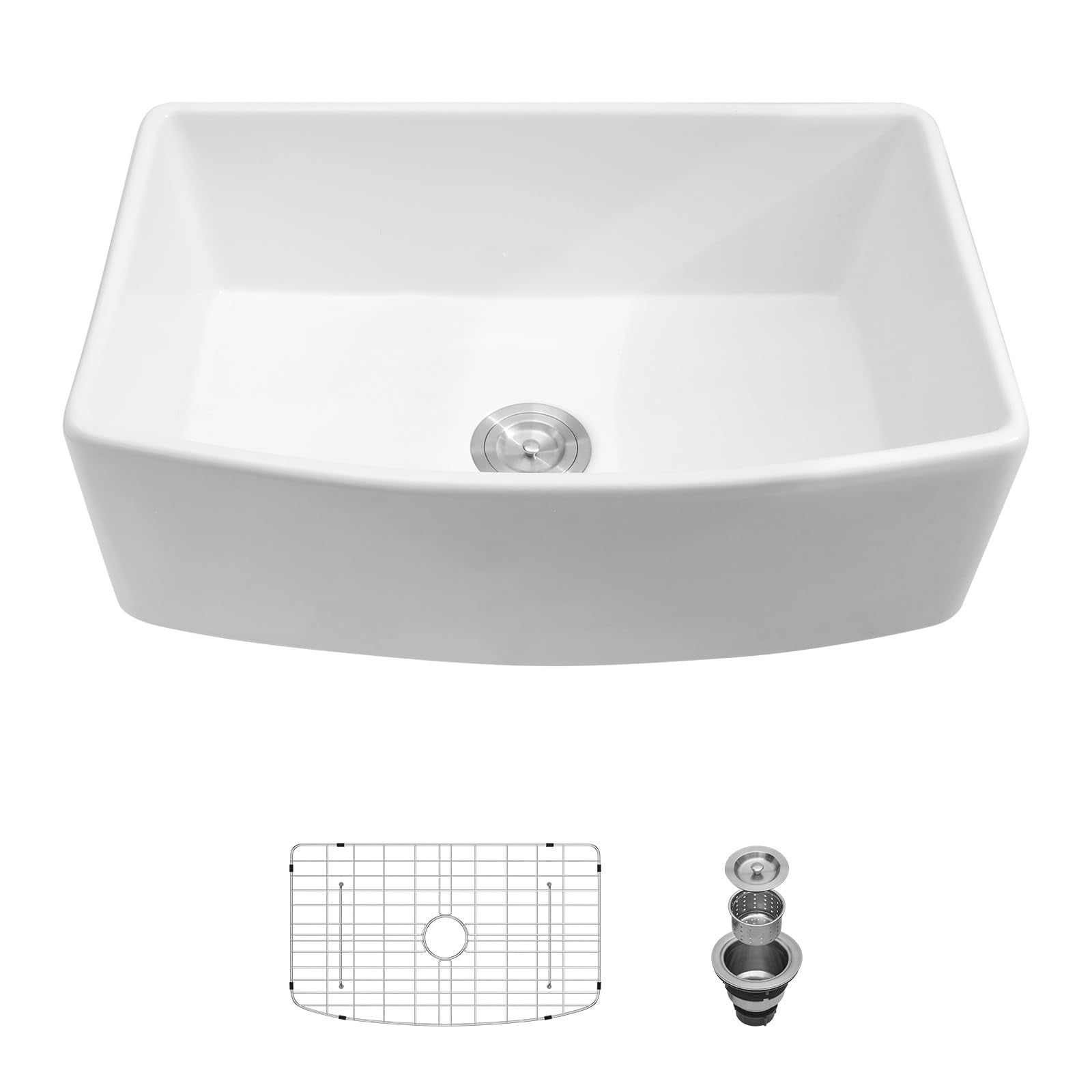Sarlai 30 White Farmhouse Sink - 30 Inch Kitchen Sink Arch Edge Curved Apron Front Ceramic Porcelain Fireclay Single Bowl Farmer