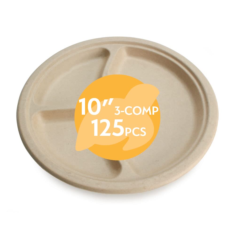 100% Compostable Disposable Paper Plates Bulk [10 3-Comp 125 Pack], Bamboo Plates, Eco Friendly, Biodegradable, Sturdy Large D