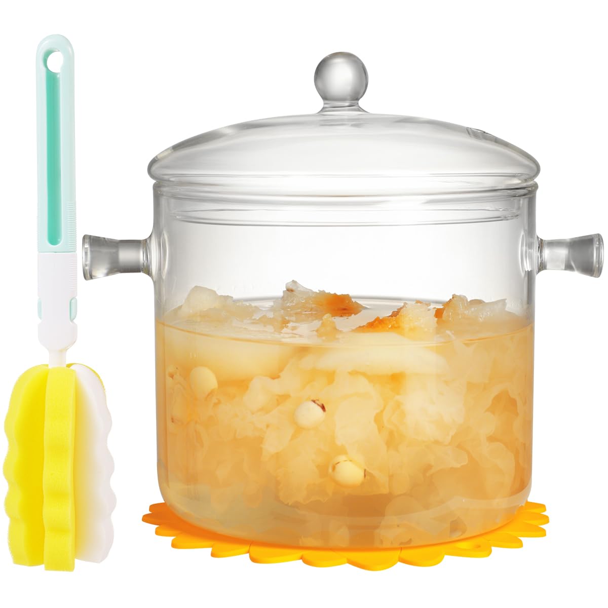 Clear Glass Cooking Pot With Lid And Brush And Silicone Hot Pads On Stove  3L(101oz) Borosilicate Glass Simmer Pot And Pan With