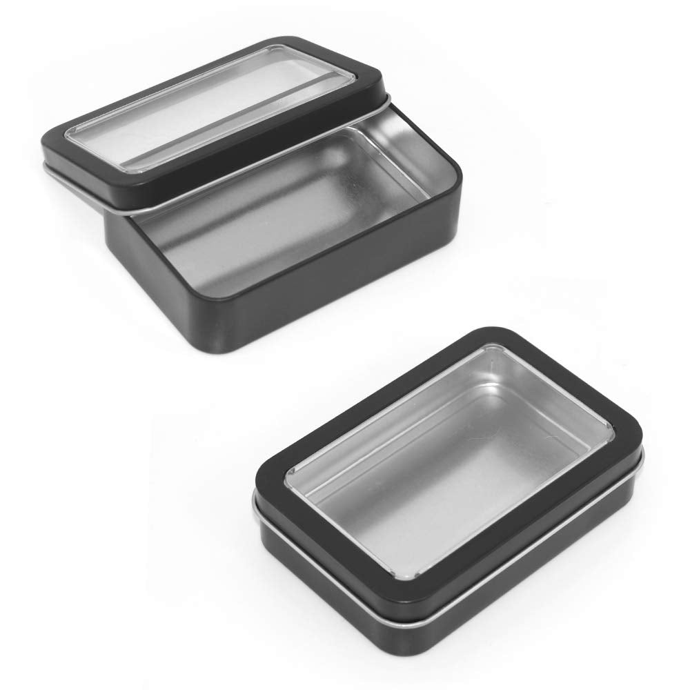 Gere 4 Pack Metal Rectangular Tin Boxes Containers With Detachable Clear Lid, Black,Portable Box Small Storage Kit Home Organize