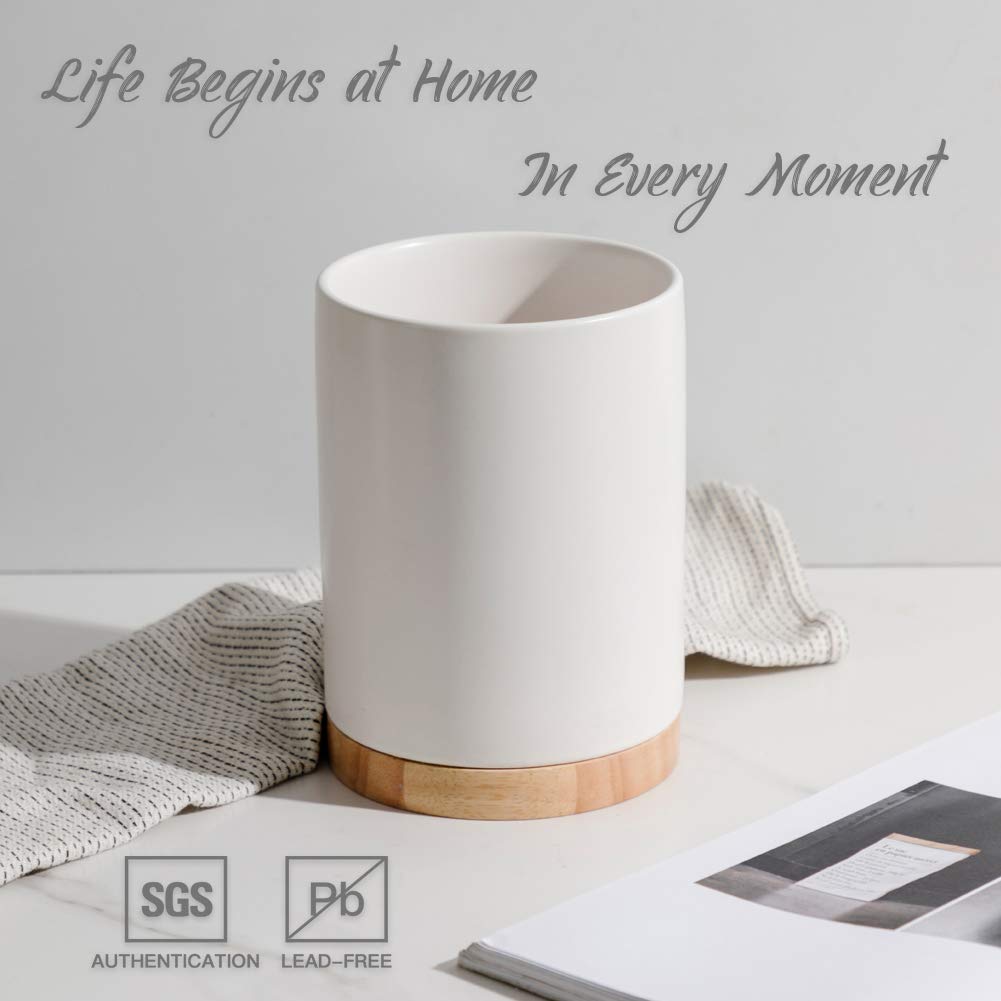 Sweejar Kitchen Utensil Holder With Wooden Bottom, 6.7'' Ceramic Utensil Crock To Hold Spatulas For Cooking Countertop, Housewar