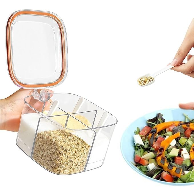 Transparent 4 Grid Kitchen Storage Container, Airtight Food Organizer Box with Measuring Spoon for Masala