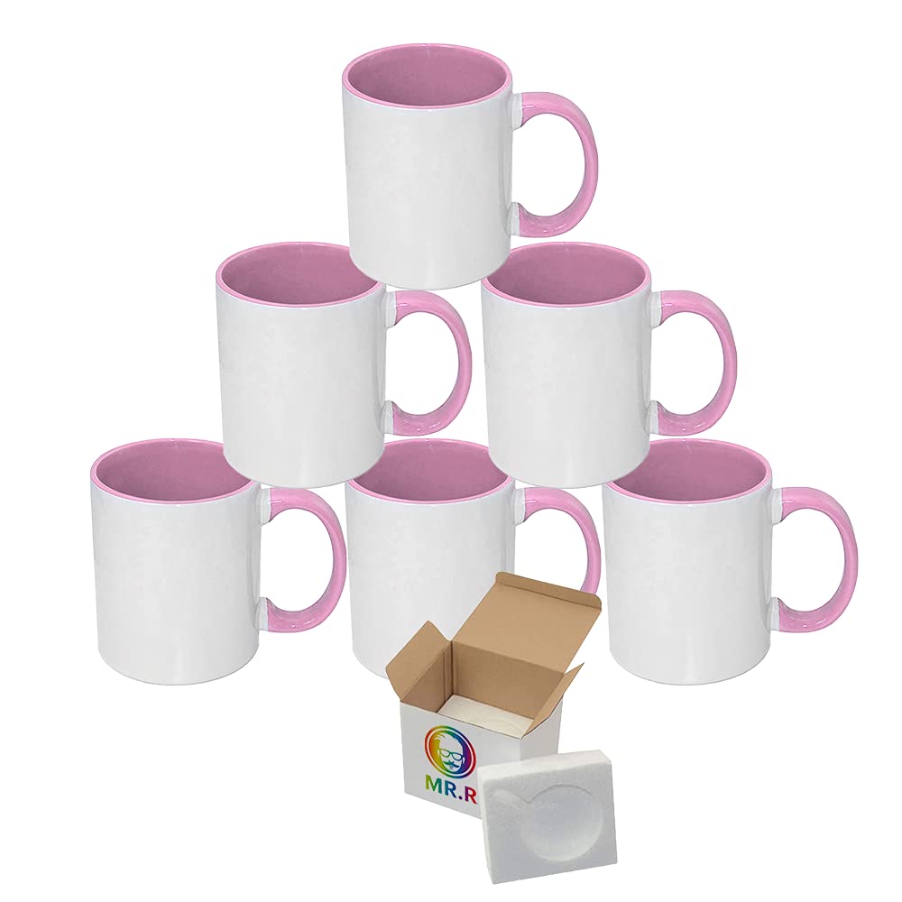 MR.R 11oz Sublimation Blank Coffee Mugs,Cup Blank White Mug Cup with Pink Color Mug Inner and Handle,Set of 6