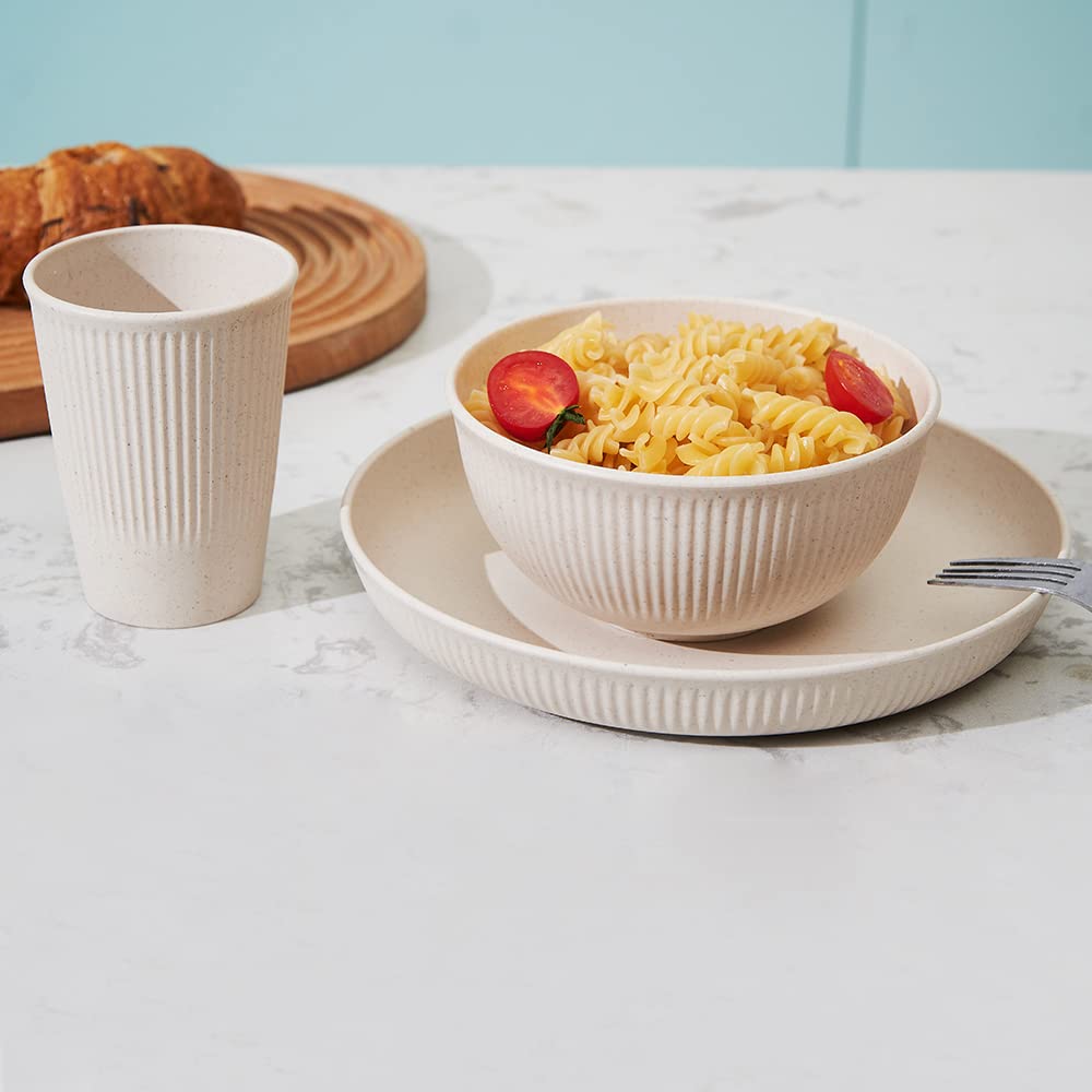 18pcs Wheat Straw Dinnerware Sets HXYPN Unbreakable Reusable Dinnerware Set Kitchen Cups Plates and Bowls Sets Dishwasher Microw