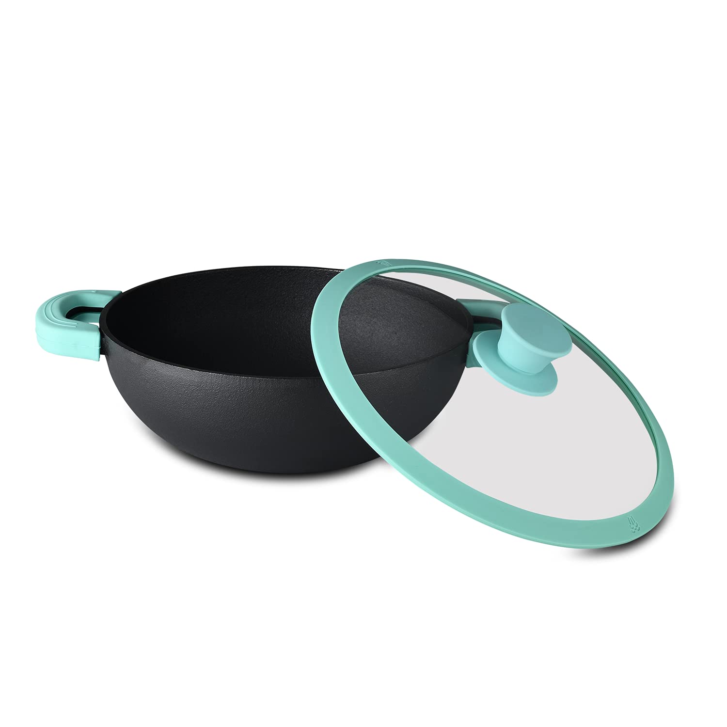 Bergner Elements Pre-Seasoned Cast Iron 25 Cm Kadai With Glass Lid, 3.3 Liters Loha Kadhai With Silicon Handle Sleeves, Oven Saf