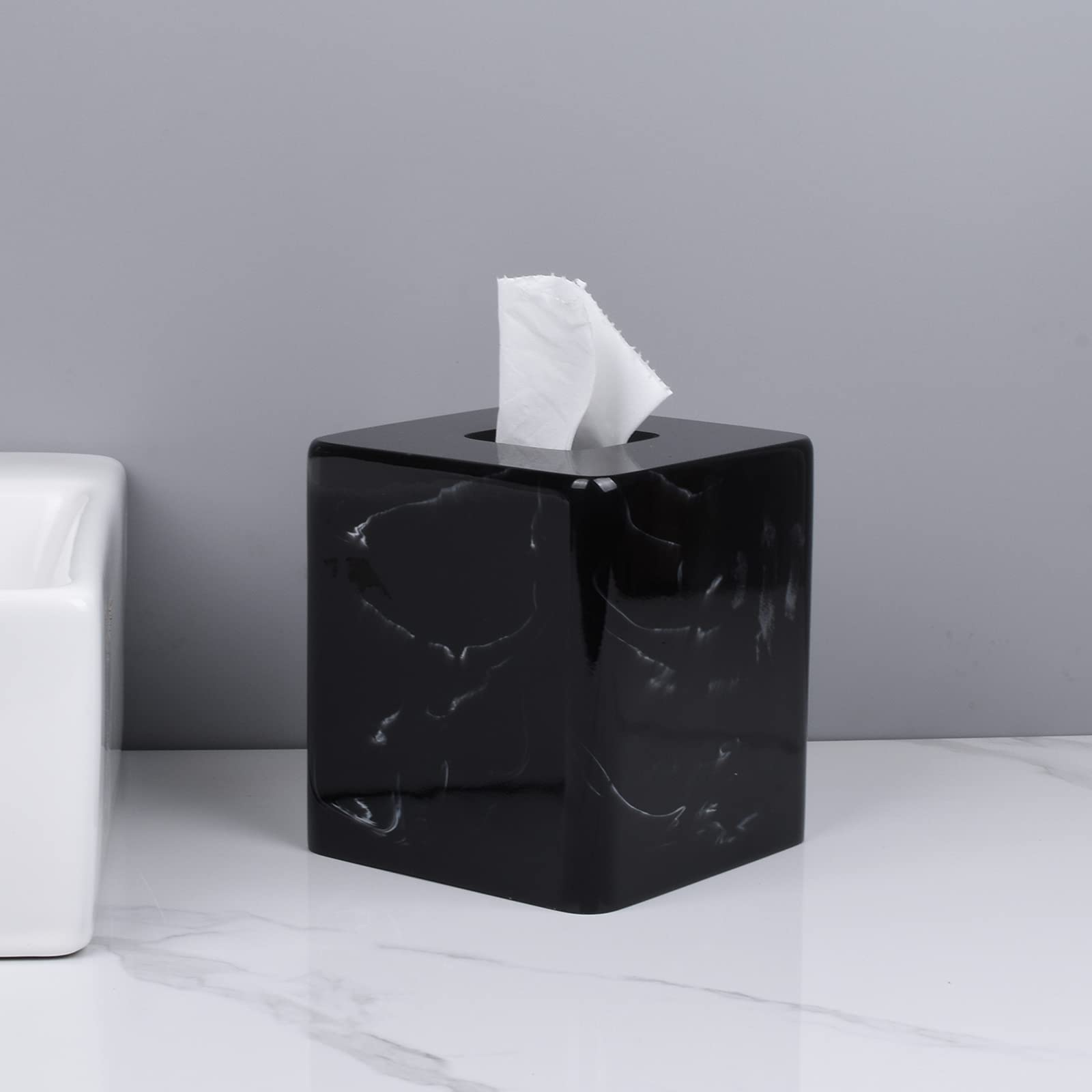 Jungford Square Tissue Box Cover, Facial Napkin Holder For Living Room Office Bathroom, Marble Pattern Made Of Resin (Black)