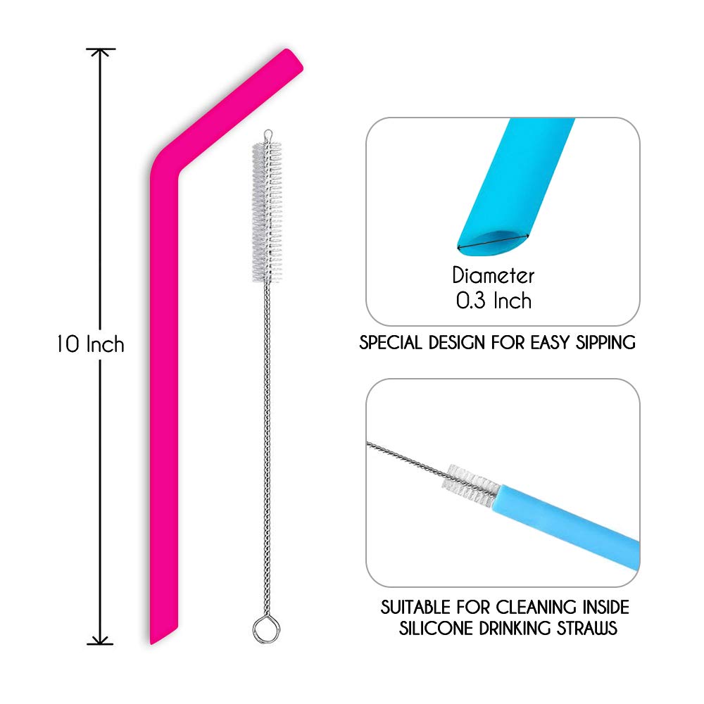 Hiware Reusable Silicone Straws, Long Flexible Silicone Drinking Straws With Cleaning Brushes For 30 Oz Tumblers - 10 Pieces - B
