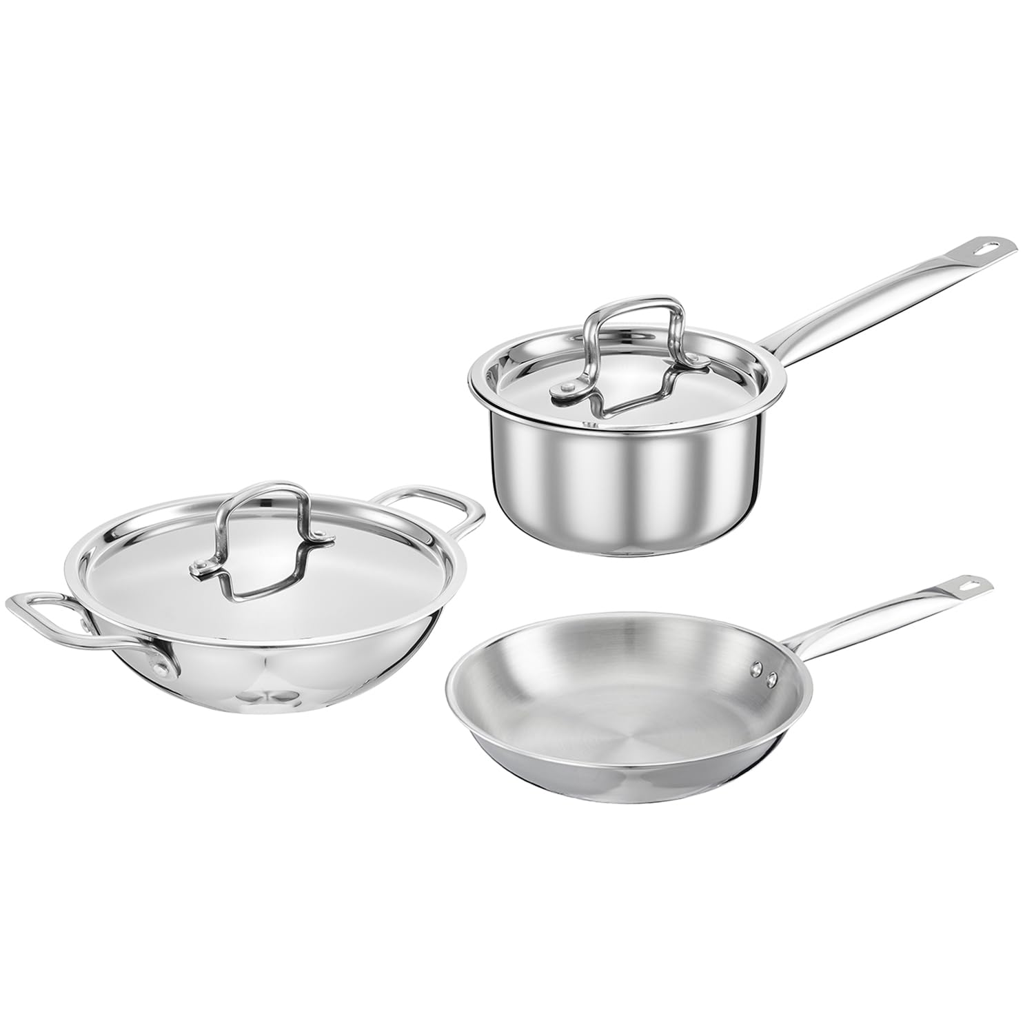 Amazon Brand - Solimo 3-Piece Triply Stainless Steel Cookware Set | Kadhai 22Cm, Frypan 22Cm With Common Lid, Sauce Pan 14Cm Wit