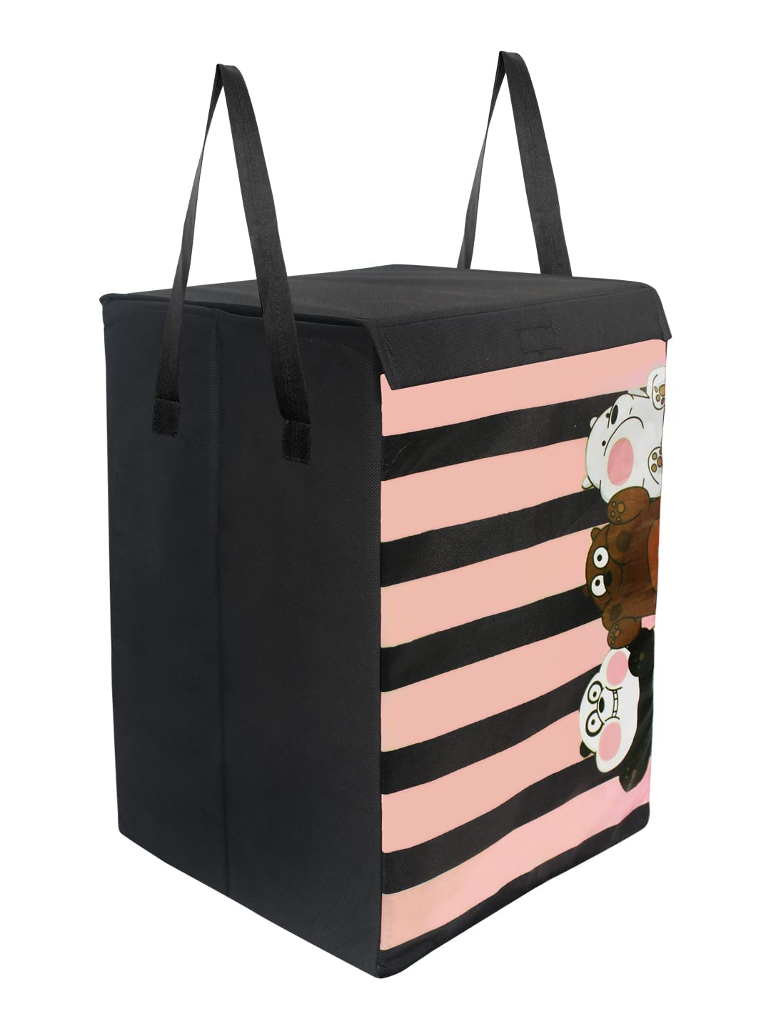 Prettykrafts 75L Non Woven Panda Printed Square Foldable Large Laundry Bag/Basket With Lid & Handles, Freestanding Clothes Stora