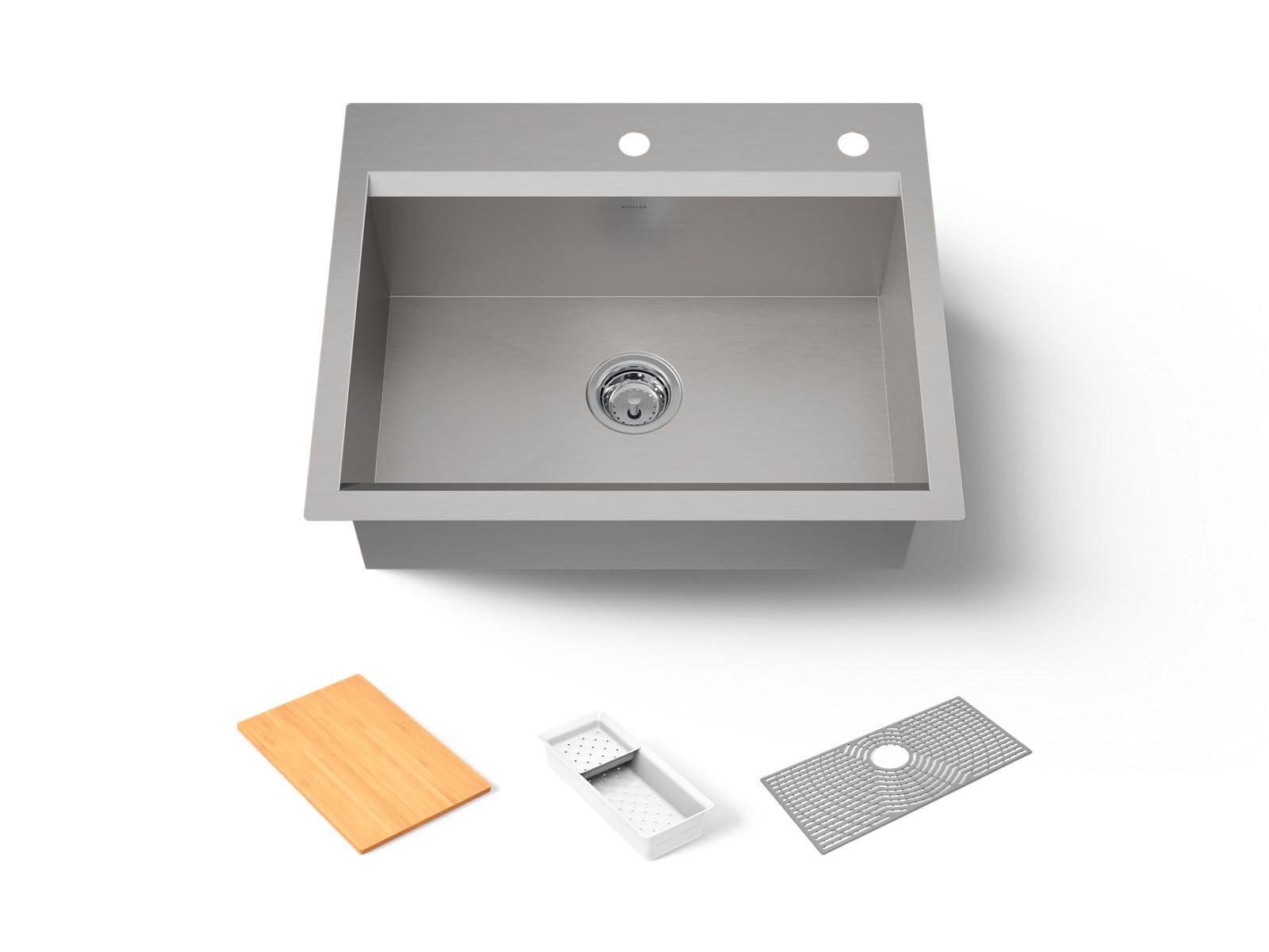 KOHLER 80086-2PC-NA Task 27 Top-/Undermount Workstation Stainless Steel Kitchen Sink, Includes Accessories, 2 Faucet Holes, Sing