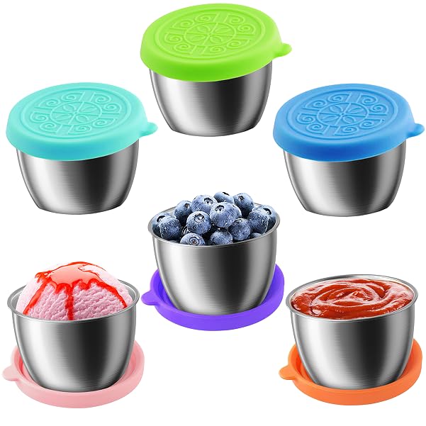 Showvigor 6-Pack Salad Dressing Container To Go, 2.4 Oz Stainless Steel Condiment Containers With Silicone Lids, Reusable Leakpr