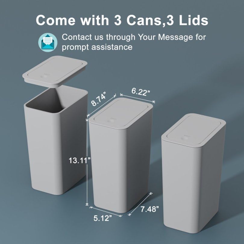 N. NETDOT 3 Pack 10 Liter / 2.6 Gallon Bathroom Trash Can  Small Trash Can with Lid  Garbage Can Waste Basket for Bathroom  Kitchen  Bedroom  Powder Room  Craft Room  Office  College (Gray)