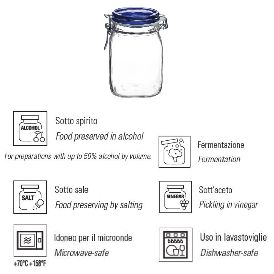 Bormioli Rocco Fido Square Jaw With Blue Lid, 33-3/4-Ounce, 33.75 Ounce, Clear