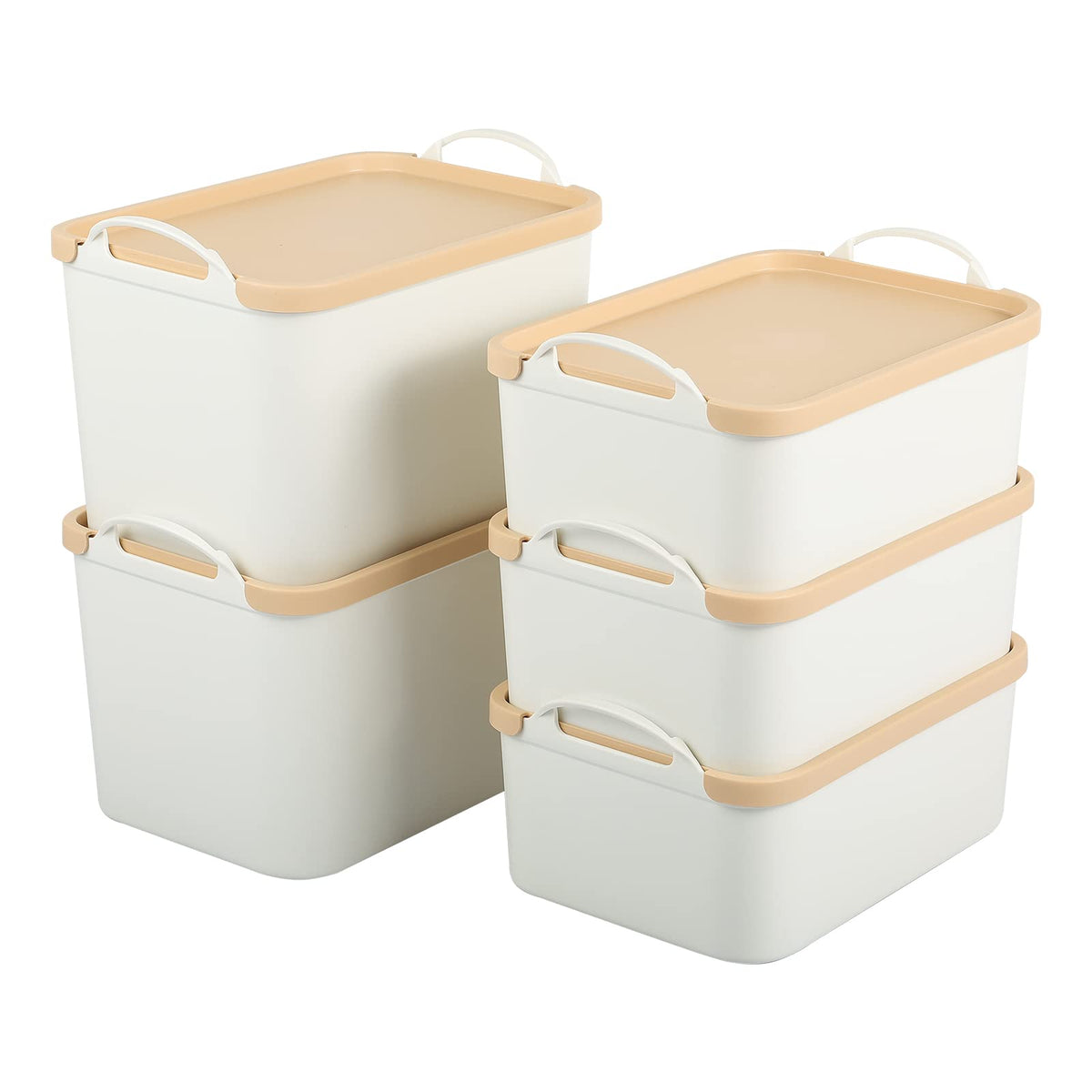 Anminy Lidded Plastic Storage Bins Set White Desk Basket Box Cube Drawer Organizer Kitchen Container With Handles Removable Lids