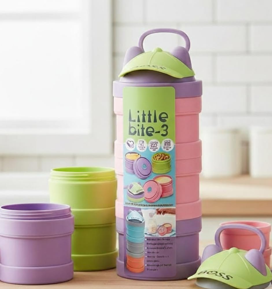 Repoca Little Bite3 Stackable Food Container Set, Small Size, (50100Ml Approx), Multicolor, 3 Layer, Portable With Handle 1Pcs