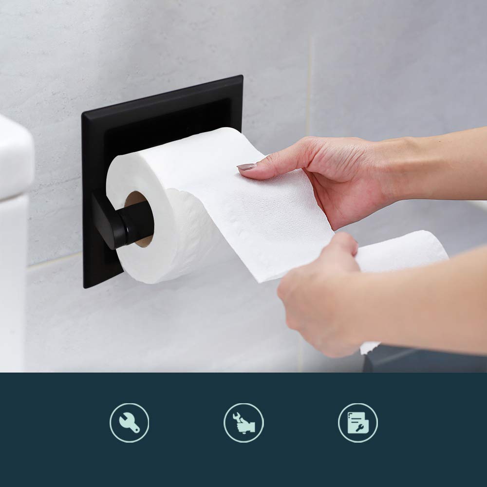 FORIOUS Matte Black Toilet Paper Holder  Black Recessed Toilet Paper Holder Wall Mount Made of Metal  in Wall Toilet Paper Holder Black with Mounting Bracket  Bathroom Toilet Paper Wall Holder
