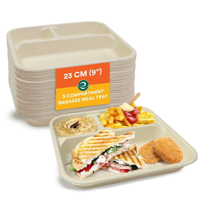 Eco Soul [3Compartment, Pack Of 50 Disposable Meal Tray | Compostable Bagasse Plates | EcoFriendly Biodegradable Dinner Plates