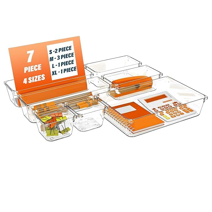 Clear Square Plastic Drawer Organizers, 7Piece Set, Storage Bins For Bathroom, Vanity, Makeup, Kitchen