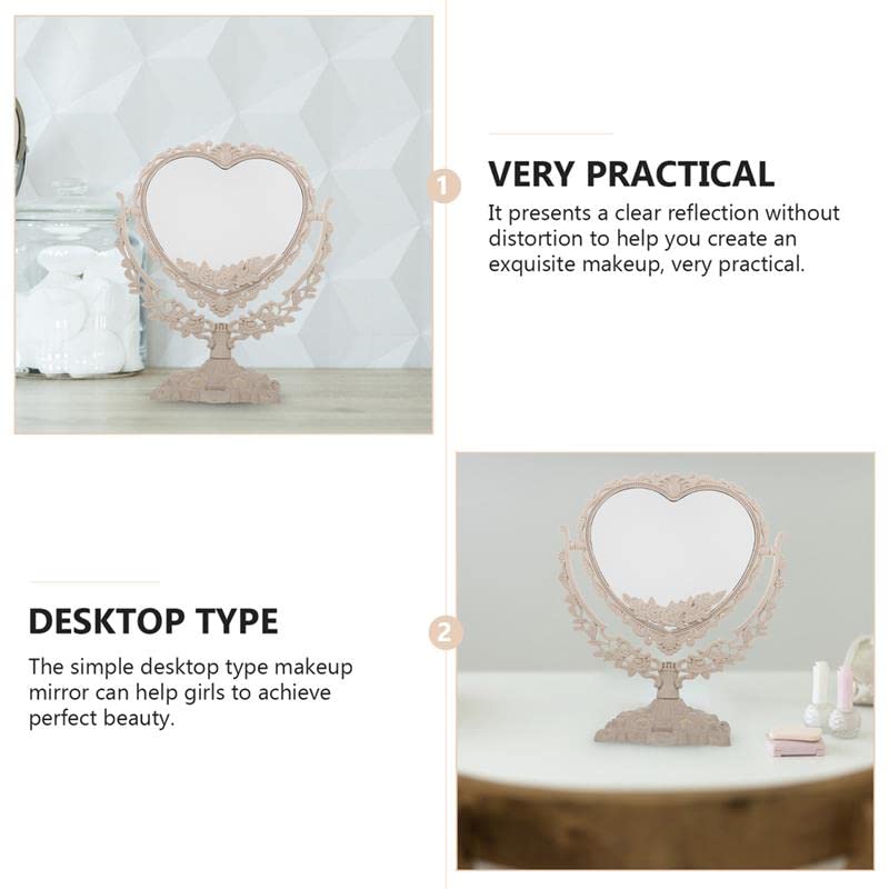 Akhfky 1Pc Heart Shaped Makeup Mirror Vintage European Style Acrylic Single Side Cosmetic 360 Degree Swivel Desktop Tools (Heart