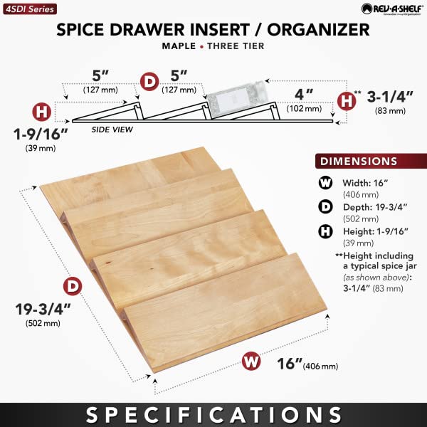 Rev-A-Shelf 16'' 3 Tiered Seasoning Organizer, Trim-To-Fit Wooden Kitchen Draw And Cabinet Home Storage Insert, Pull Out Spice R