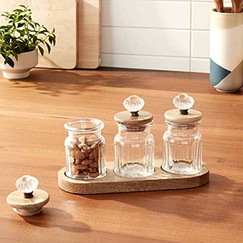 Mud Pie Knob Glass Condiment Set, Canister 3 3/4'' X 2 3/4'' Dia | Caddy 3 3/4'' X 10 1/4'', Brown