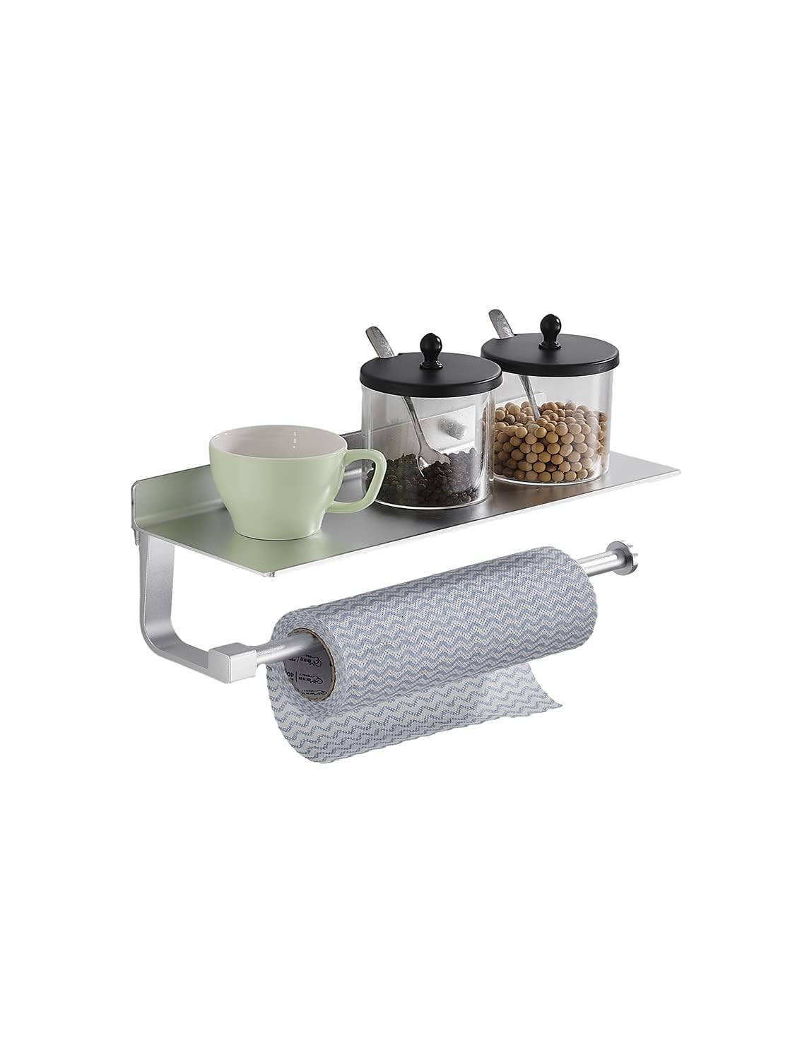 Paper Towel Holder Wall Mount - For Bathroom Hand Towel Holder With Shelf- Kitchen Towel Holder - Matter Silver
