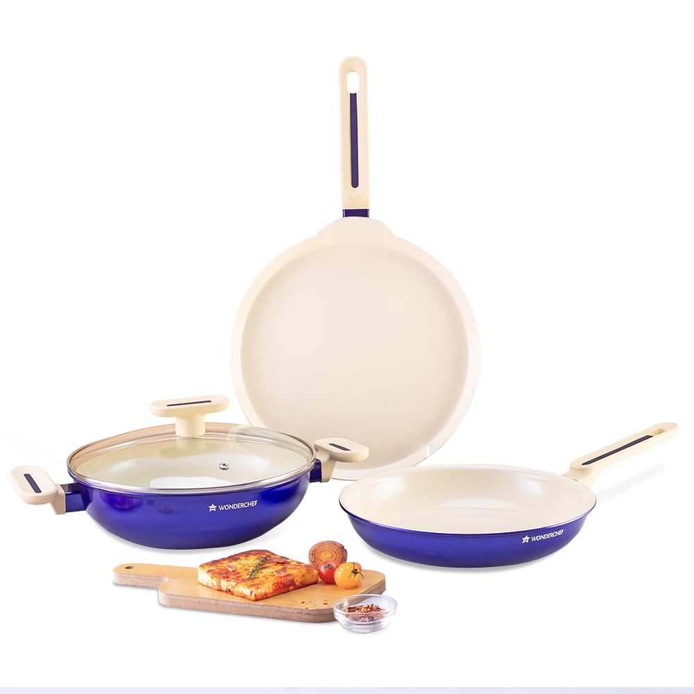 Wonderchef Bellagio Cookware 4 Pc. Set | Kadhai & Lid, Fry Pan, Dosa Tawa | Healthy Ceramic Coating |Non-Toxic | Pfas And Pfoa F