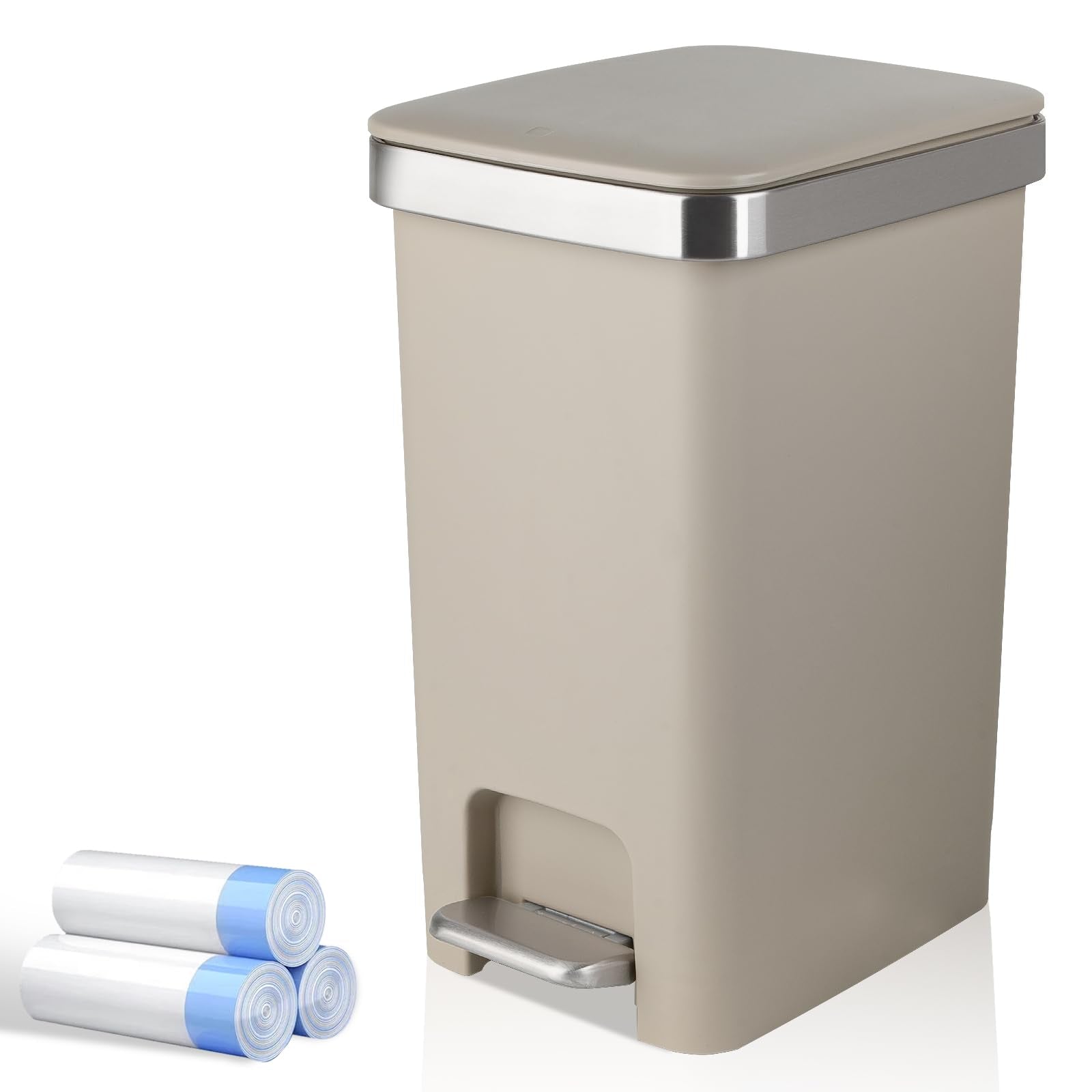 Small Bathroom Trash Can with Lid and 3 Rolls Trash Bags, Step Pedal Wastebasket Plastic Garbage Can with Pop-Up Lid 2.6 Gallon 