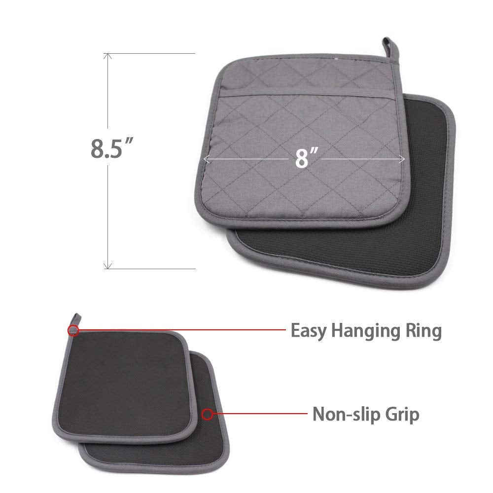 Yekoo 2 Pcs Gray Pot Holders Sets For Kitchen Heat Resistant Oven Hot Pads With Pockets Non Slip Soft Grip Potholders For Baking