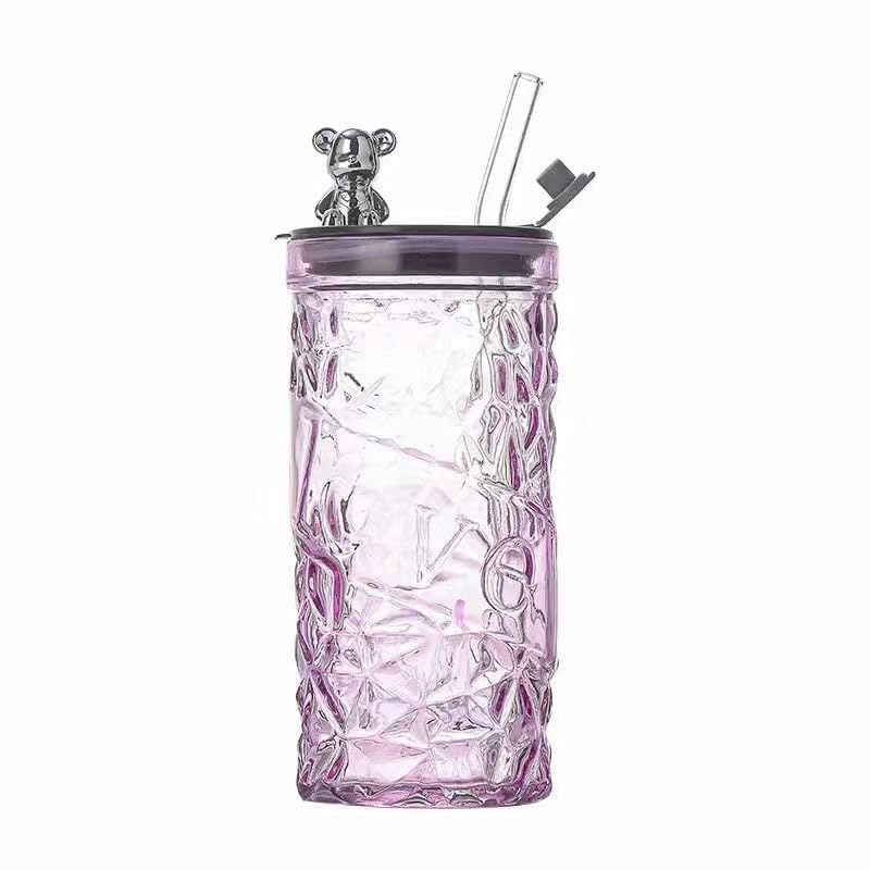 House Of Mavtar Glass Tumbler Drinking Cup With Lid And Straw Reusable Beverage Glass For Water Juice Coffee Tea Home Office Kit