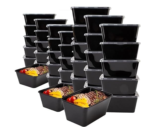 1000 Ml, 15 Count, Rectangle, Black Reusable Plastic Food Storage Containers With Lid | Airtight, Microwave Safe Containers | Pe