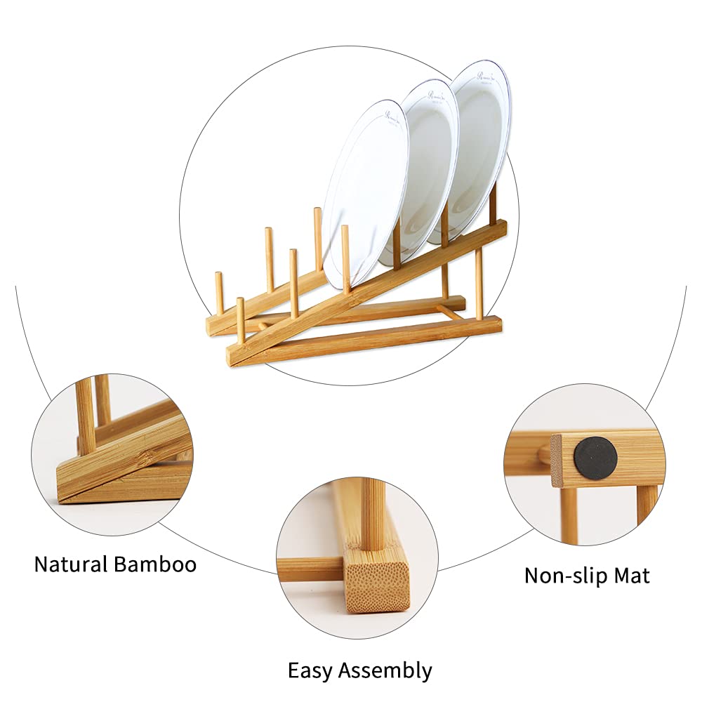 Tie-Dailynec 4 Pcs Wooden Dish Drying Rack Bamboo Plate Dish Rack Stand Kitchen Cabinet Organizer Pot Lid Holder For Plate, Dish