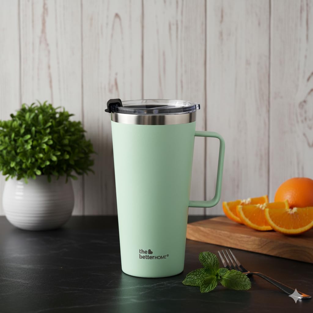 The Better Home 450 ml Insulated Coffee Cup Tumbler with Lid & Handle | Double Walled 304 Stainless Steel | 6 hrs hot & Cold | L