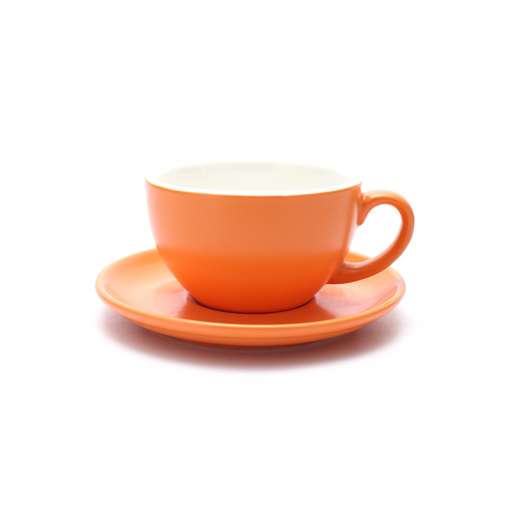 Coffeezone Ceramic Latte Art Cup And Saucer For Latte & Cappuccino, Mate For Coffee Shop And Barista (Matte Orange, 10.5 Oz)