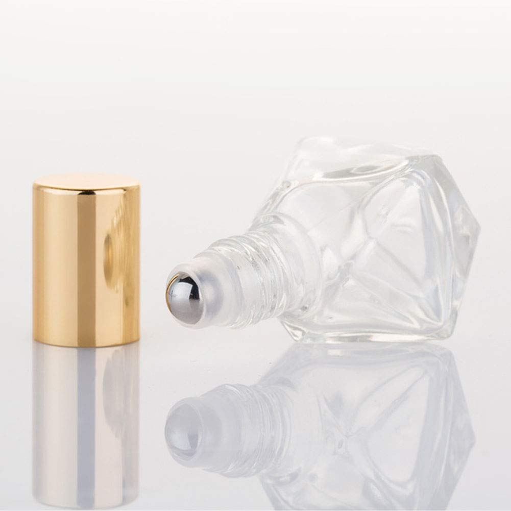 ConStore 10 PCS Mini Portable Polygonal Clear Glass Roller Bottle 8ml/0.27oz DIY Travel Essential Oil Roll On Bottle with Stainless Steel Ball Gold Cap