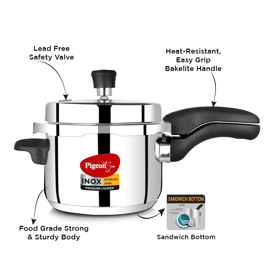 Pigeon Pressure Cooker - 5 Quart - Inox Stainless Steel Outer Lid Stovetop & Induction Base - Cook delicious food in less time: