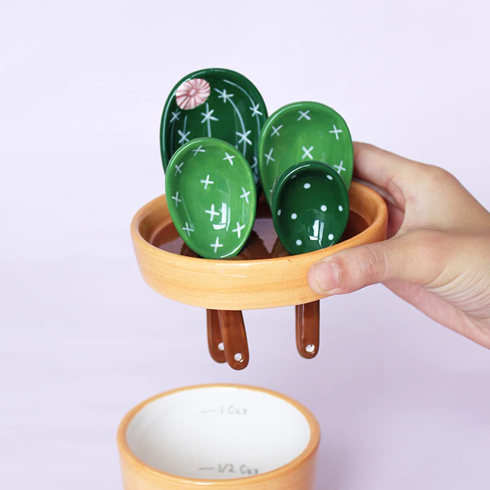 Kelendle Ceramic Cactus Measuring Spoons With Holder Set Of 5 Baking Measuring Spoons For Wet & Dry Ingredients Cactus Figurine