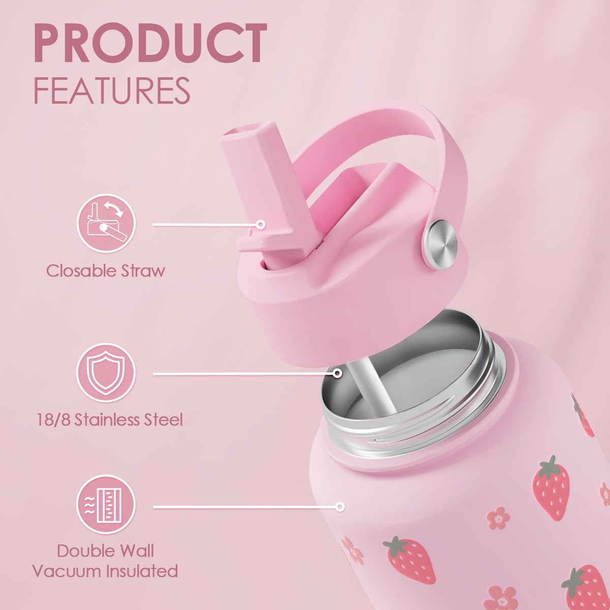 Strawberry Water Bottle 32oz Stainless Steel with Lid & Straw, Insulated Bottles for Women Girls, Gifts Ideas for Birthday Chris