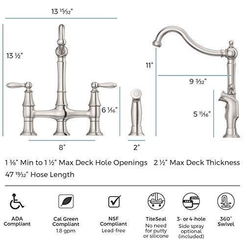 Pfister Courant Kitchen Faucet With Side Sprayer, 2-Handle, High Arc, Stainless Steel Finish, F0314Cos