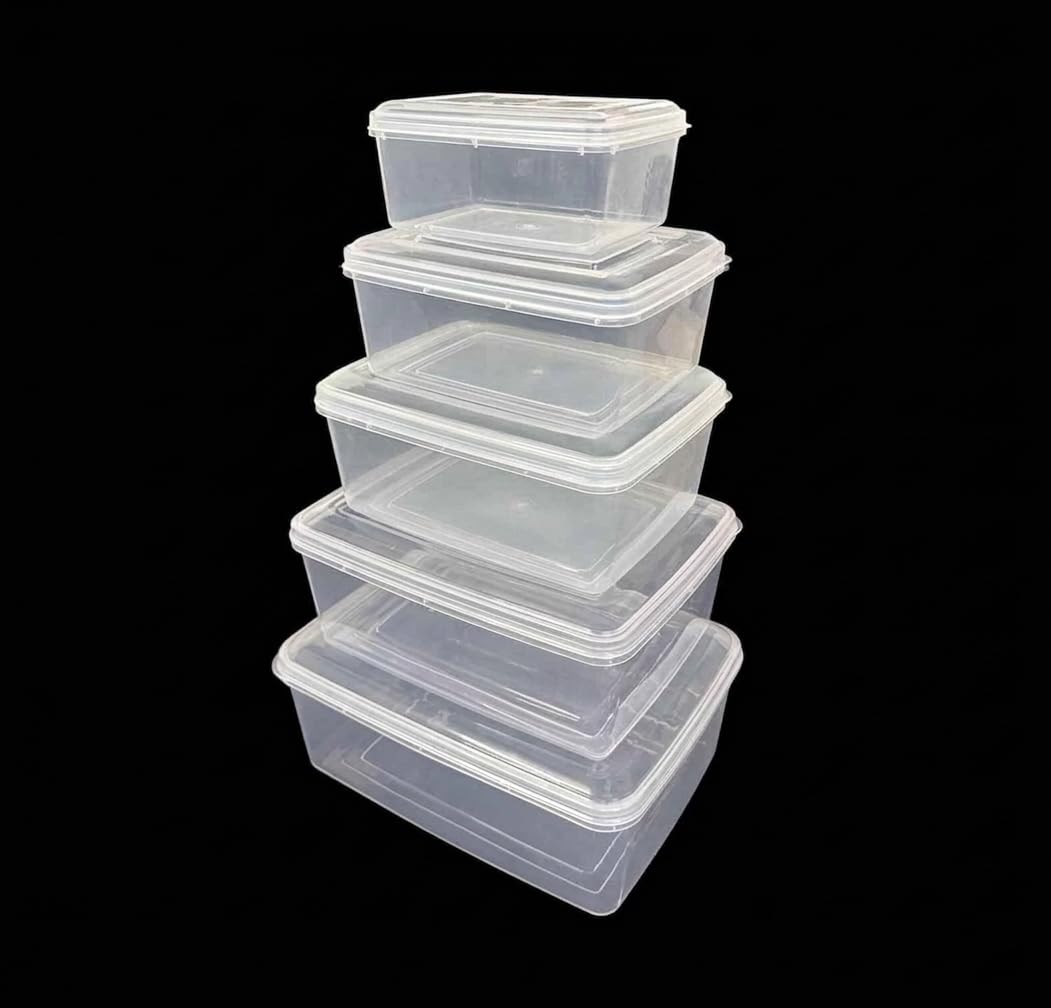 C.S.M Csm Plastic Storage Boxes With Lids, Clear, Set Of 5, Rectangular, Multipurpose, Stackable, Different Sizes