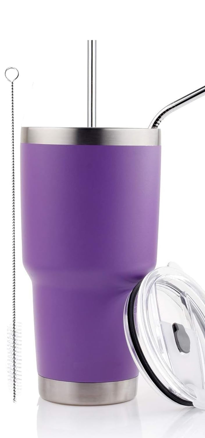Ds 30Oz Purple Tumbler Stainless Steel Double Wall Vacuum Insulated Mug With Straw And Lid, Cleaning Brush For Cold And Hot Beve