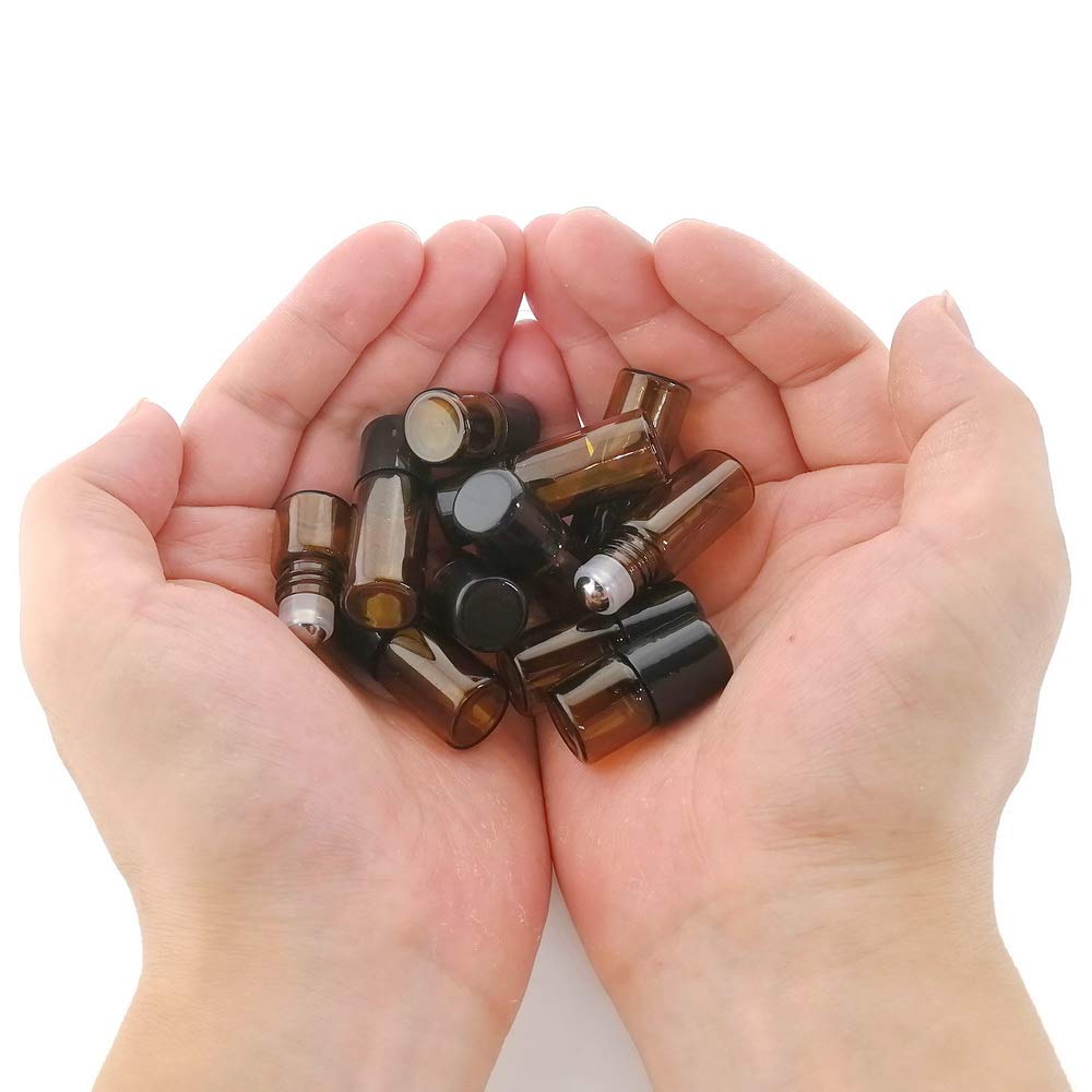 USRommaner 50 Pack 1ml Amber Glass Vials Roll On Bottle Glass Roller Bottle With Stainless Steel Roller Ball Black Cap Lid-Perfect Sample For Essential Oils Aromatherapy No Leak Free Opener&Dropper
