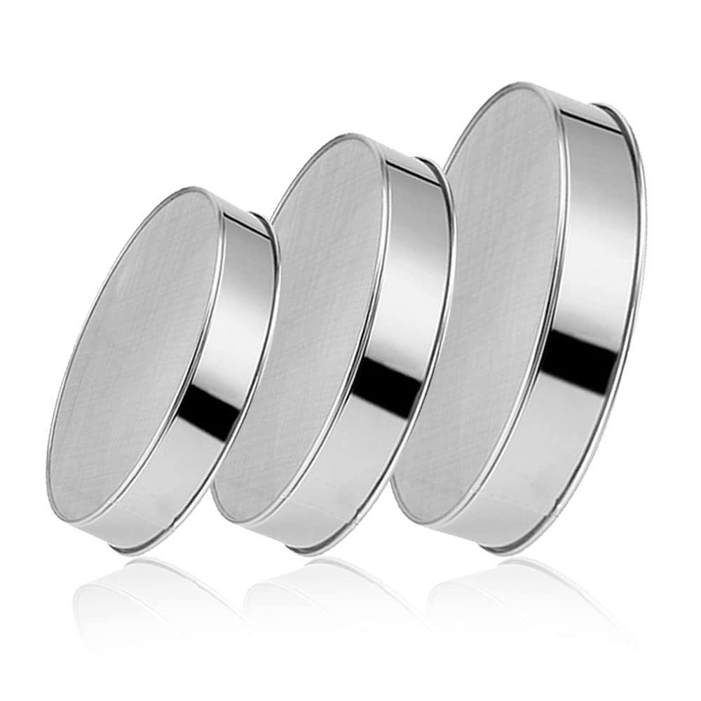 Qudume 3 Pack Round Flour Sifter, Stainless Steel Fine Mesh Strainers Flour Sieve, 6 Inch And 8 Inch 40 Mesh 10 Inch 60 Mesh For