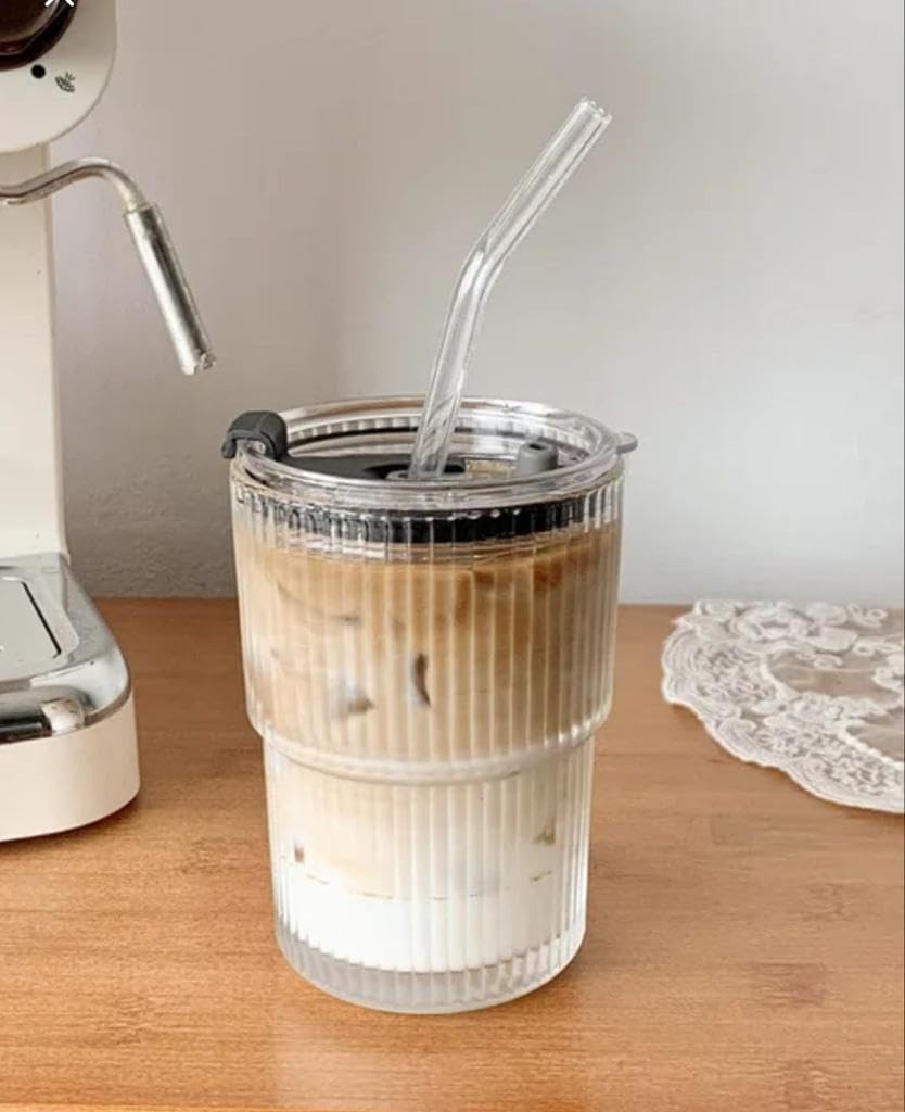 Om Radhey Glass Sipper Cup Mug For Kids Fruit Jucie Milk Tumbler With Lid And Starw Pack Of 1370Ml Tea And Mojito Coffee Can 
