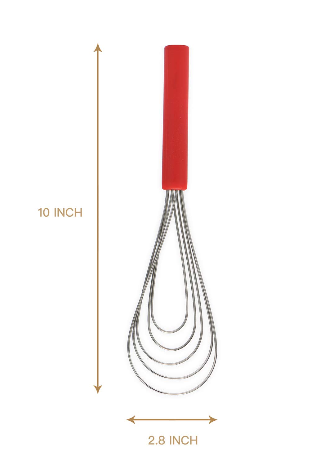 Jell-Cell Flat Whisk - 10" Silicone Handle, Non-Slip, 5 Wires, Red, Stainless Steel