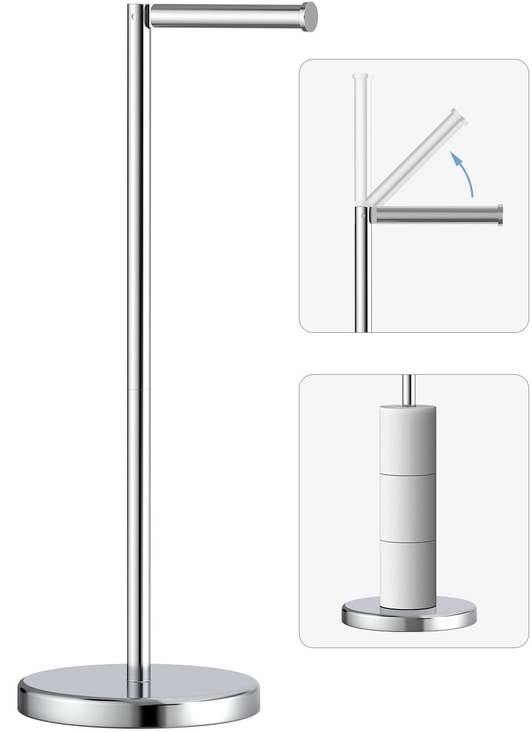Chrome Toilet Paper Holder Stand, Freestanding Tissue Roll Holder for Bathroom, 304 Stainless Steel Rustproof Toilet Paper Stand