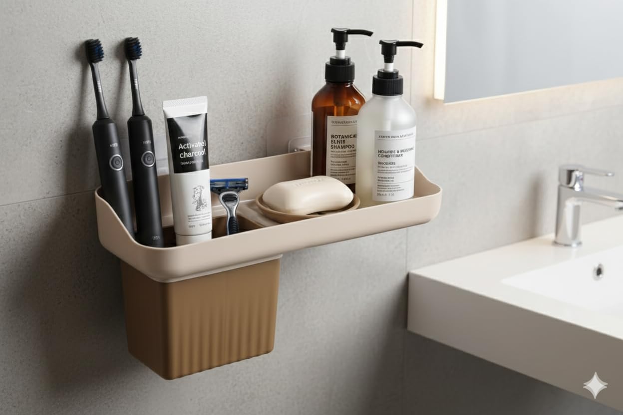 Copelle Soap Holder For Bathroom  SelfAdhesive WallMounted Soap Case With Glass Tumbler, Tooth Brush Holder & Bottle Space Sh