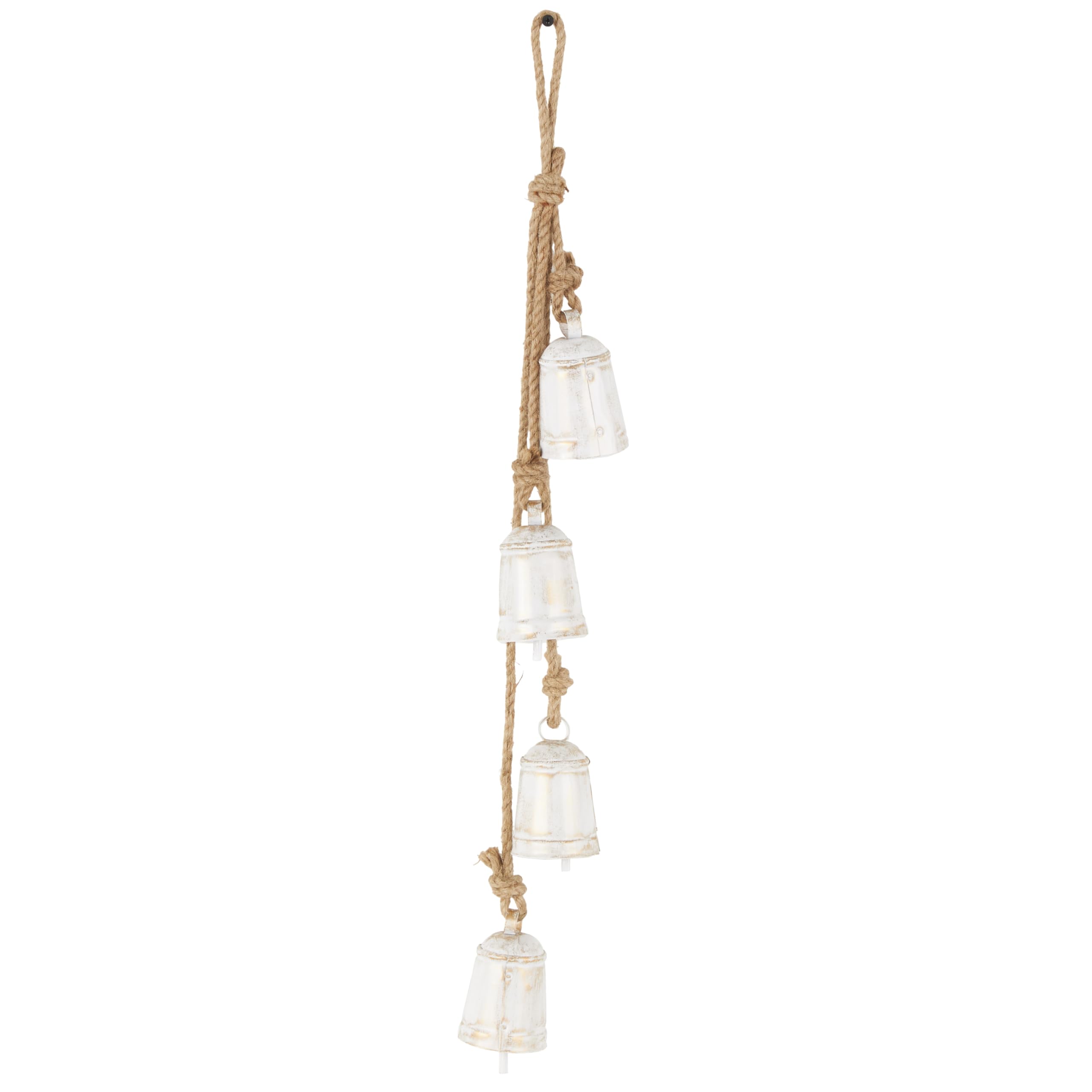 Deco 79 Metal Indoor Outdoor Decorative Bells Cluster Meditation Bell with Jute Hanging Rope, Cow Bell 4 x 3 x 29, White