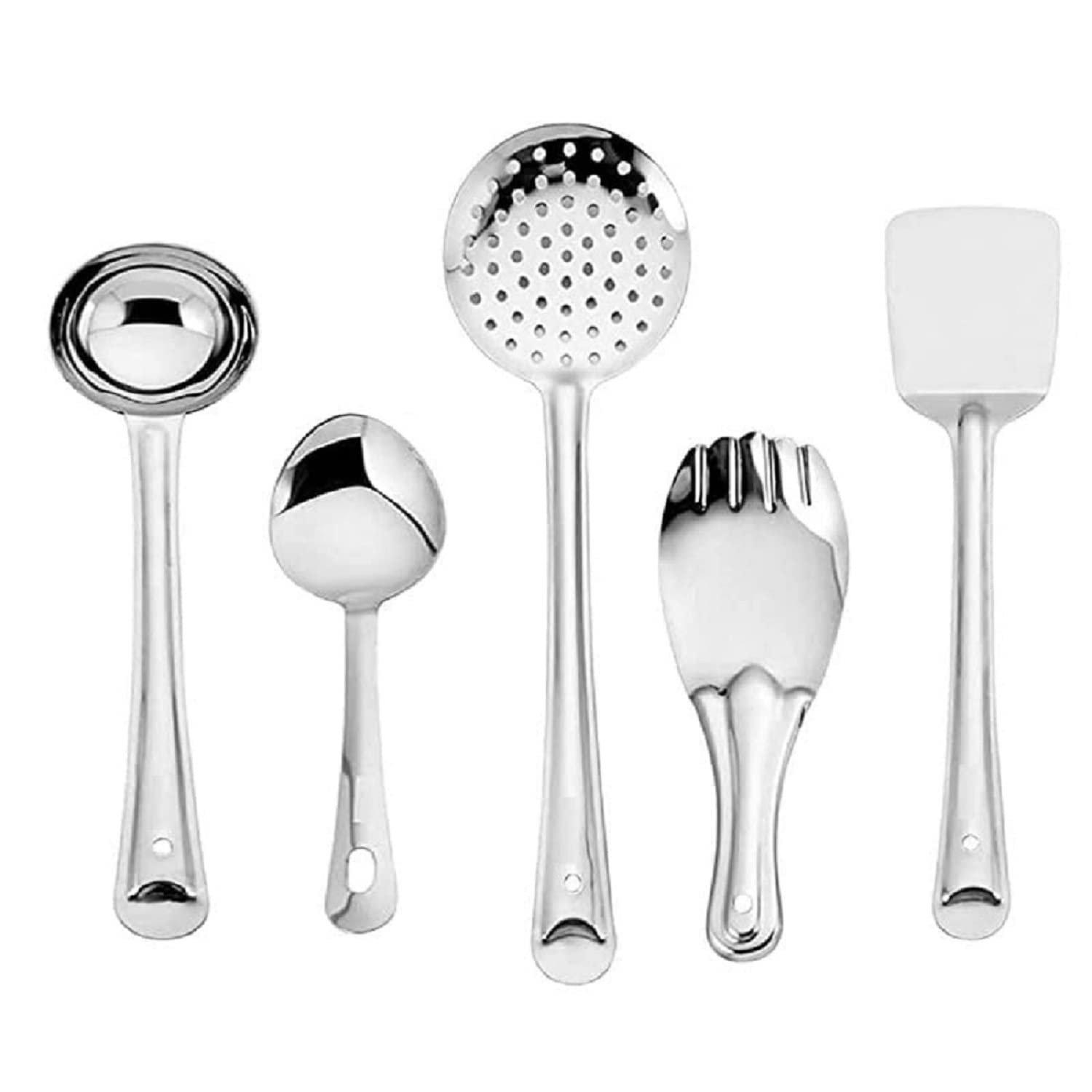Fuerdanni Stainless Steel Cooking And Serving Spoon Ladle Set, 5Pieces Kitchen Tool Set (Spatula, Ladle, Skimmer, Cooking Spoon